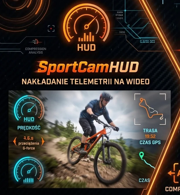 SportCamHUD: rowerzysta z wizualizacją parametrów jazdy