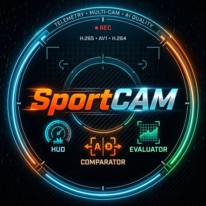 SportCam — neonowe logo z wskaźnikiem HUD, komparatorem i analizą jakości